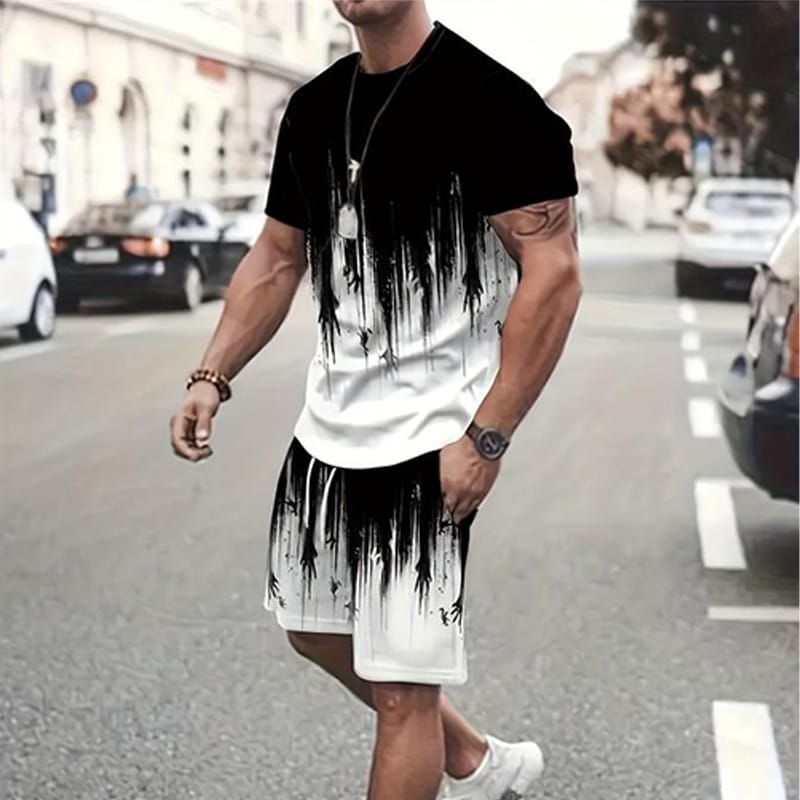 Summer fashion loose casual short sleeve shorts printed breathable quick drying street simple sports men's suit