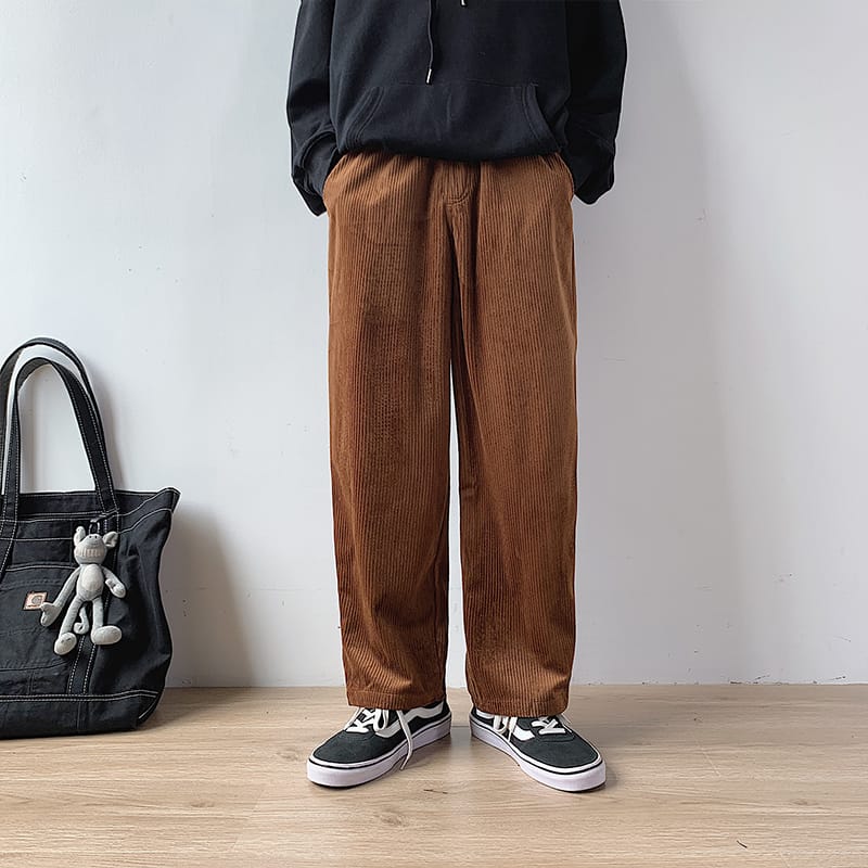 Autumn and Winter Men's Casual Loose Solid Corduroy Trousers with Pockets Wide Leg Pants