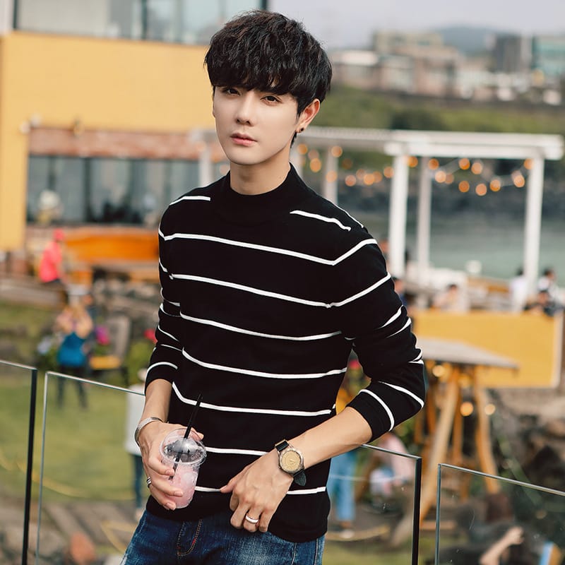 MRMT 2024 Brand New Men's Sweater Half High Collar with Velvet Thickening Sweater Knit Young for Male Stripes Fashion Sweater