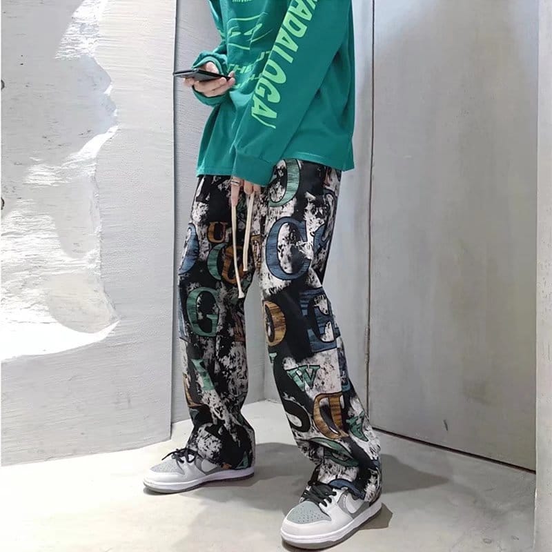 Graffiti Straight Pants Men's Printed Loose Casual Pants Hip Hop Elastic Waist Trousers Jogging Pants Men High Street Streetwear
