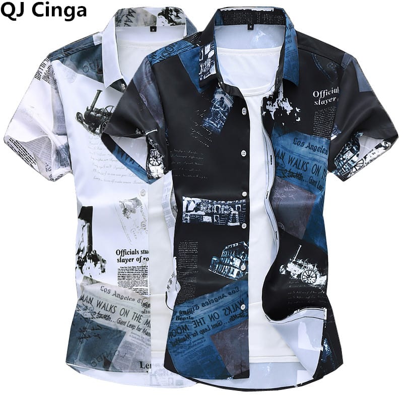 Summer New White Blue Short Sleeve Printed Shirt Men's Fashion Casual Shirts Big Size Men Fashion Casual Tops Camisa S-5XL 6XL