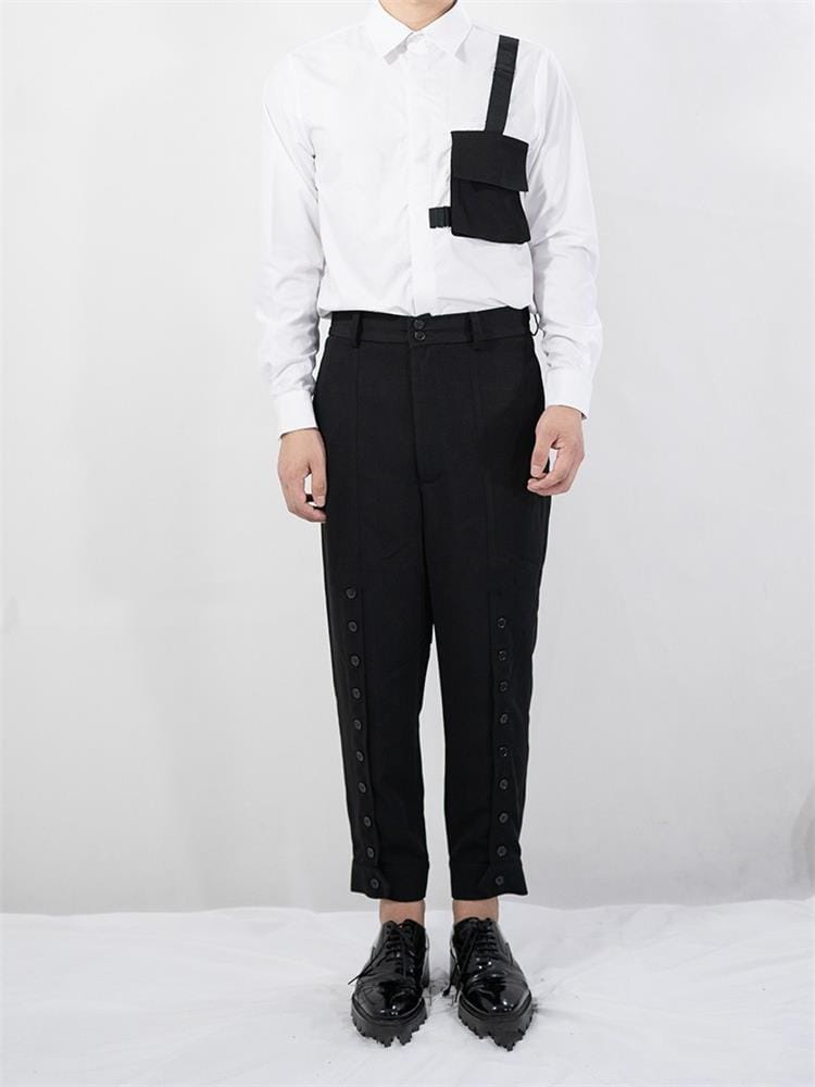 Men's new homemade men's casual Harlem pants slim multi-button design stitching large size black loose nine cent pants