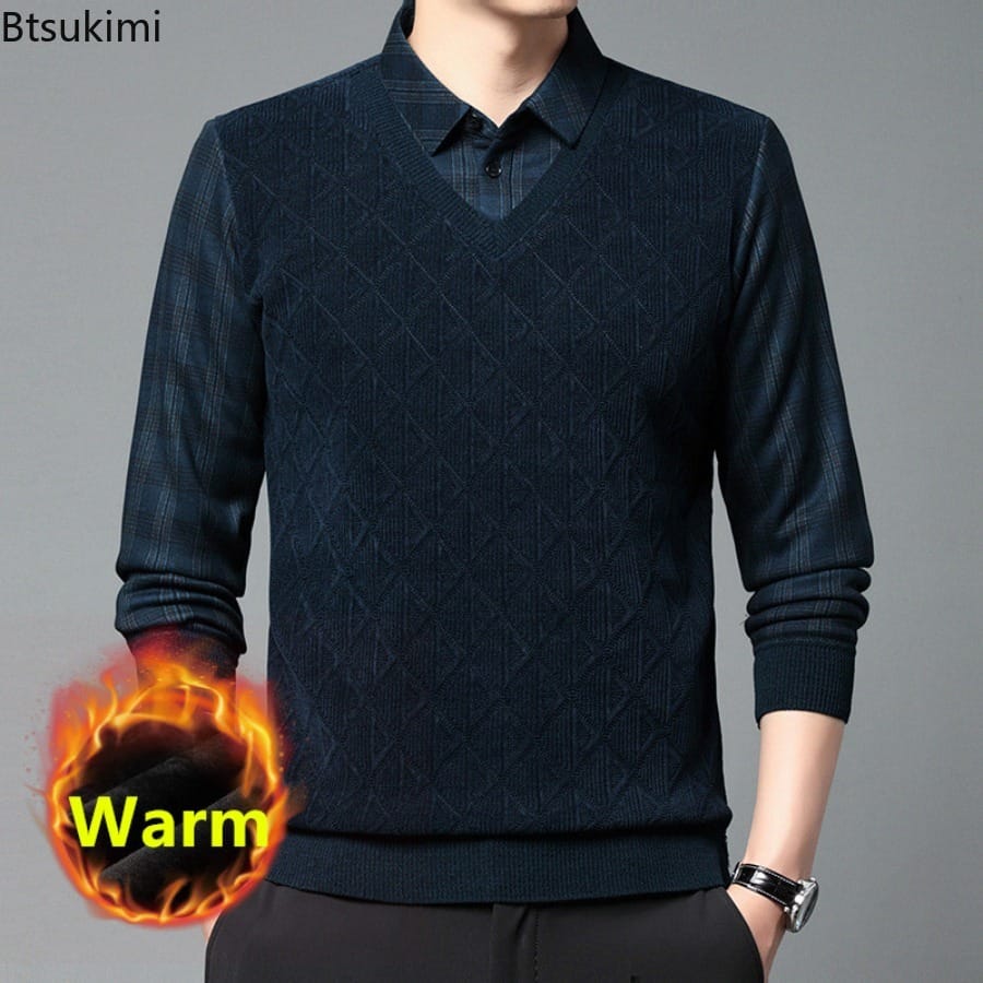 New 2024 Men's Fake Two Piece Sweaters Trendy Business Casual Plus Velvet Thicker Warm Knit Pullover Man Jacquard Bottoming Tops
