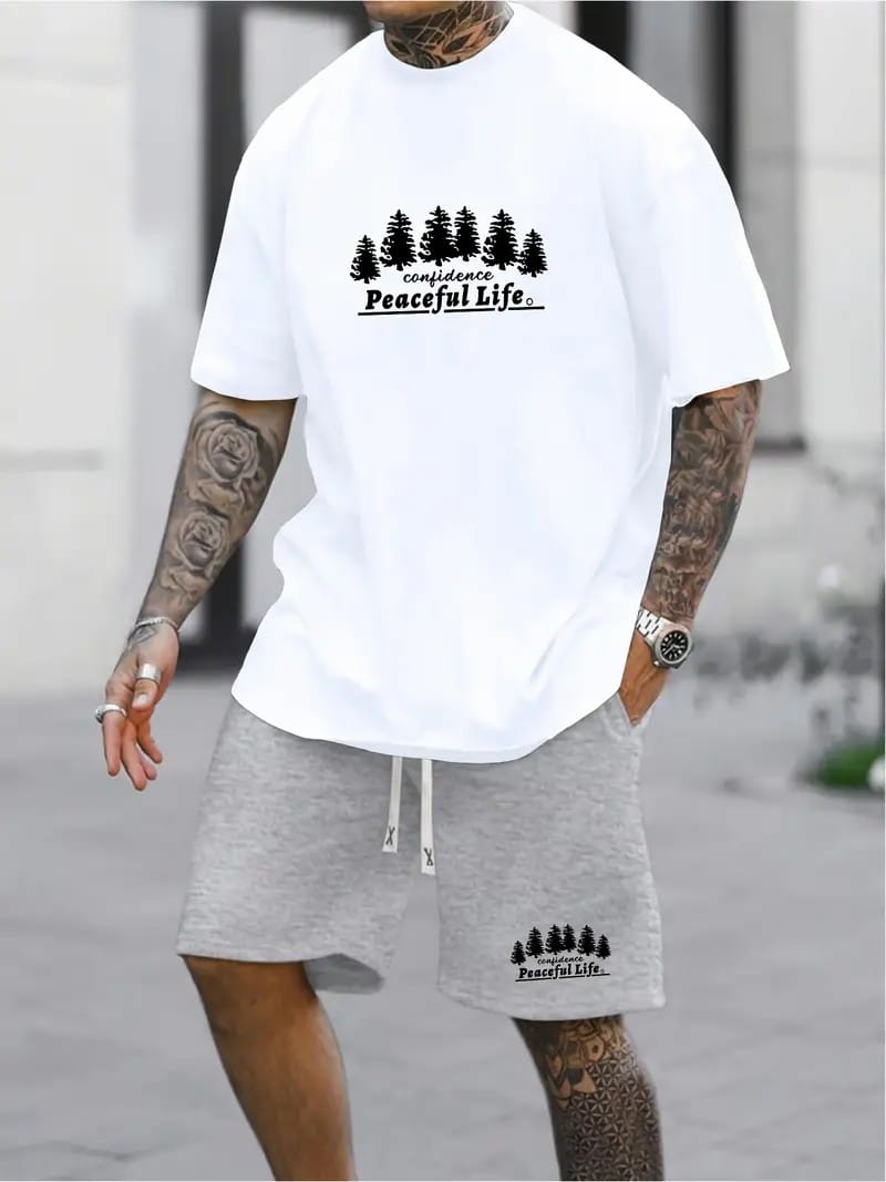 Men's Short Sleeve Shorts Suit Men's Summer Casual Street Suit O Neck T Shirt With Drawstring Waist Shorts Sports Jogging Large