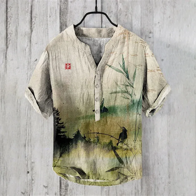 Henry Cardigan Vintage Button Men's Summer V-Neck Shirt 3D Printing Men's Short Sleeve Plus Size 2024 New V-Neck Fashion Casual