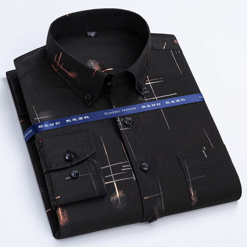 Non-Iron Long-Sleeved Shirts Men Light Luxury Quality Bronzing Printing Trend Fashion Business Casual Shirt Men's Clothing