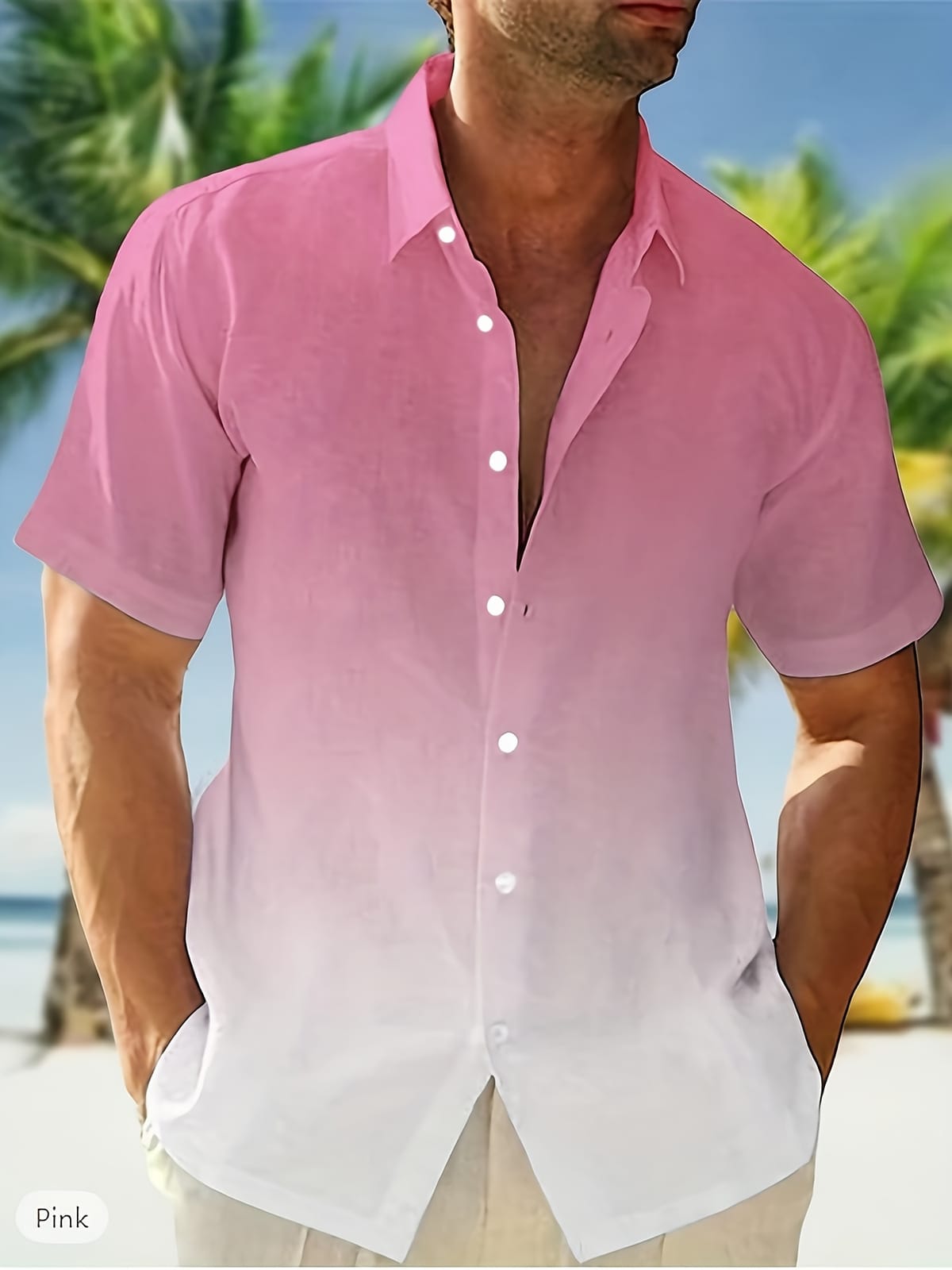 Men's gradient short sleeve button down lapel shirt, perfect for summer vacation, Hawaiian style