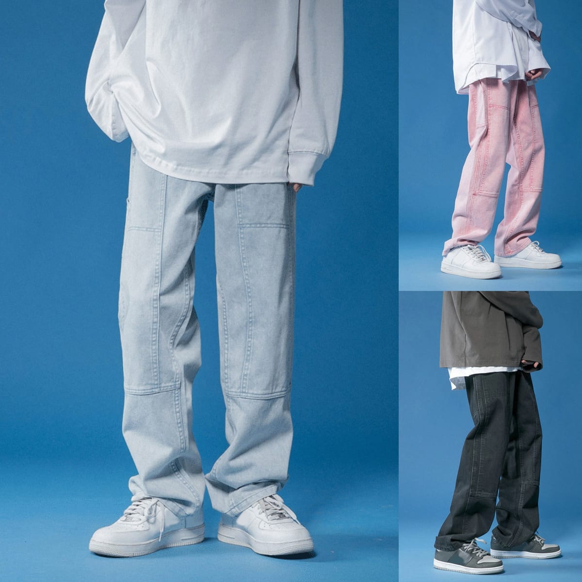 Men's High Street Style Solid Color Loose Versatile Straight Denim Long Pants Retro Fashion Oversize Pockets Wide Leg Jeans
