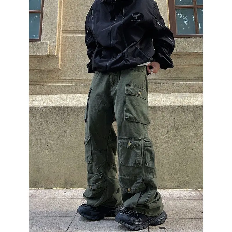 Street Popular White Multi-pocket Overalls Men's Harajuku Style Loose Casual Trousers Straight Mopping Pants Autumn New