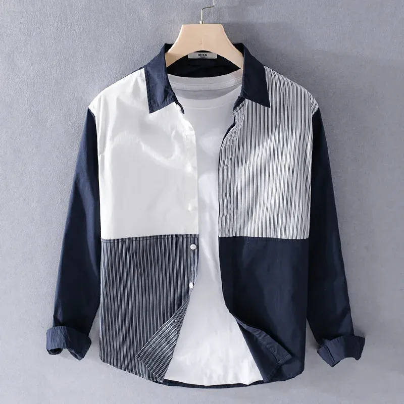 Men Clothing 2022 Men's Long-sleeved Shirt New Trendy Color Matching Cotton Shirt Casual Fashion Youth Striped Lapel Top