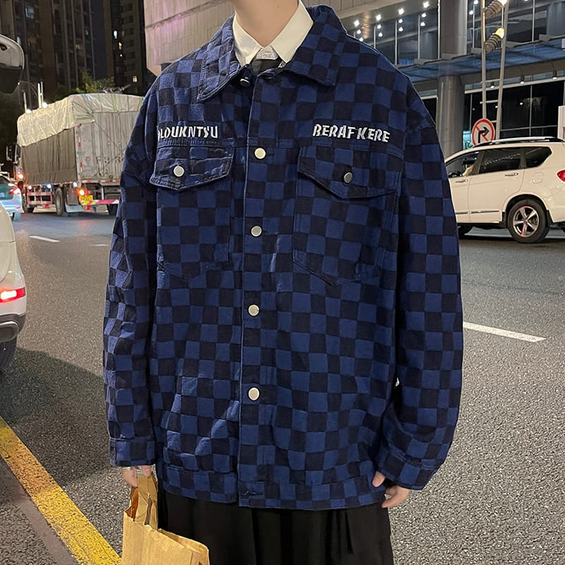 spring new men's all-match denim jacket men's checkerboard large size loose jacket fashion casual denim jacket