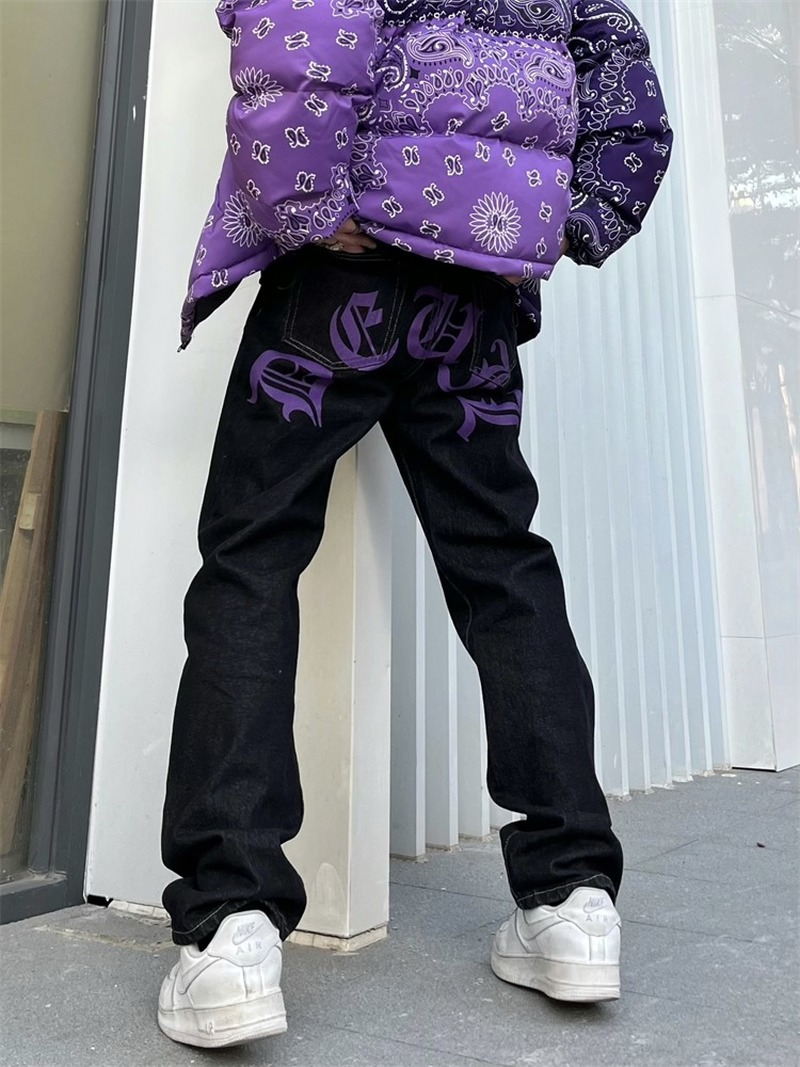 y2k retro Sanskrit black jeans street casual pants punk male hip-hop print loose Harajuku men's straight pants ins hot sale