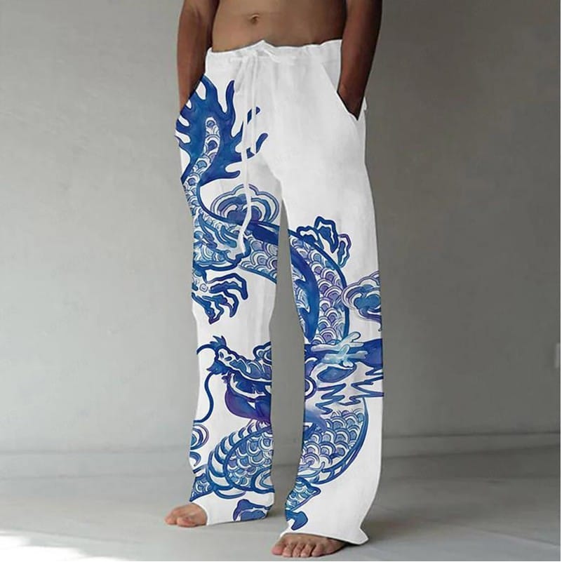 Cross border summer trousers Beach straight trousers Drawstring elastic waist 3D printing Chinese Loong pattern men's trousers