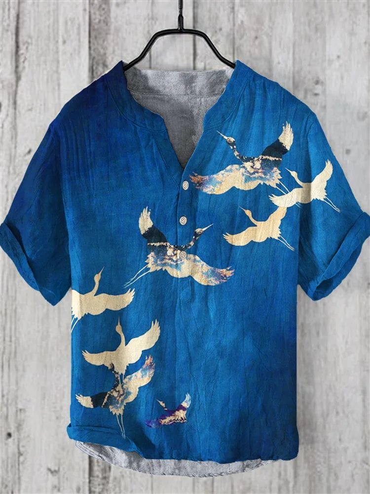 Chinese style cross-border men's clothing with crane print summer new short sleeved casual art shirt in large size