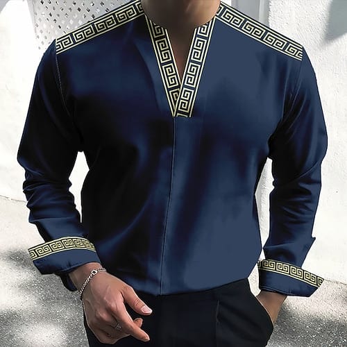 Korean Style Ethnic Slim Fit T-Shirt Top For Street Wear With Deep V-Neck Men's Quick Drying T-Shirt Long Sleeves MB12