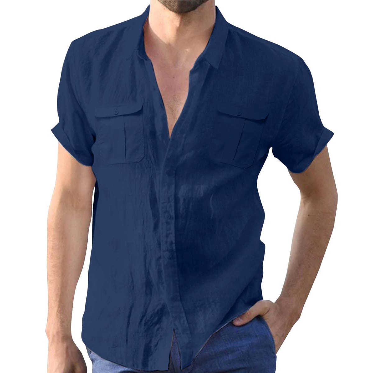 Men'S Summer Solid Shirts Fashion Regular Cotton Linen Short Sleeve Shirts Casual Fashion Fitting Lapel Shirts With Chest Pocket