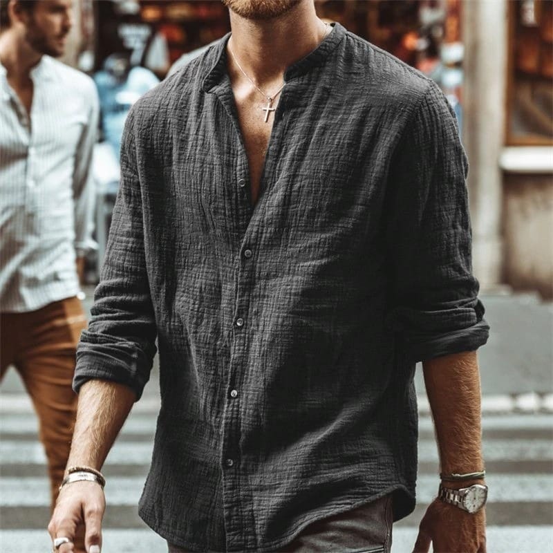 2024 New European and American Men's Autumn Solid Color Casual Stand Up Collar Long Sleeve Shirts Linen