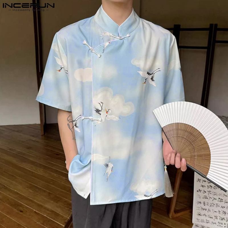 INCERUN Tops 2024 Korean Style Men's Crane Print Buckle Design Shirt Summer Casual Fashion Stand Neck Short Sleeved Blouse S-5XL