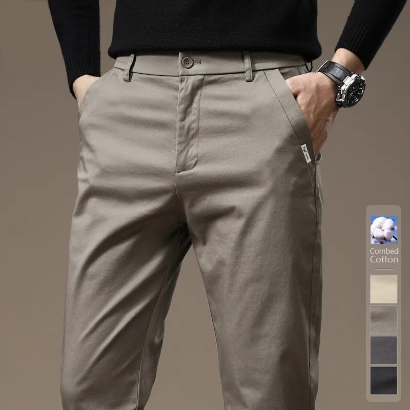 Autumn New Pure Cotton Men's Casual Pants Classic Business Slim Straight Solid Color Elastic Brand Trousers Black Khaki Gray