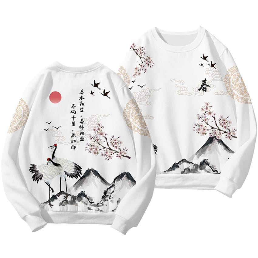 Plum Blossom Crane Men's Hoodies Harajuku Fashion Hoodie Male Streetwear Casual Sweatshirt Tops