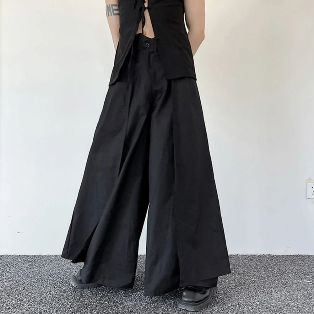 Mens Skirt Pants Double-Layer Dark Style Pants Skirt Niche Personality Temperament Versatile Casual Wide-Leg Pant Men'S Clothing