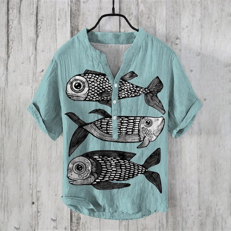 Summer hot selling Chinese style shirt men's top 3D digital heat transfer printing V-neck short sleeved 3 buttons