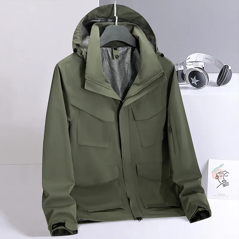 Spring Men's Mountaineering Jacket Outdoor Waterproof and Durable Multi Pocket Hunting Coat Simple Retro Men's Work Jacket M-6XL