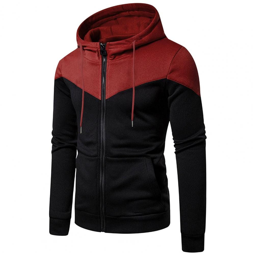 Men Hoodie Outwear Contrast Color Hooded Sweatshirt Coat Men's Winter Jacket with Zipper Placket Long Sleeve Pockets Stylish