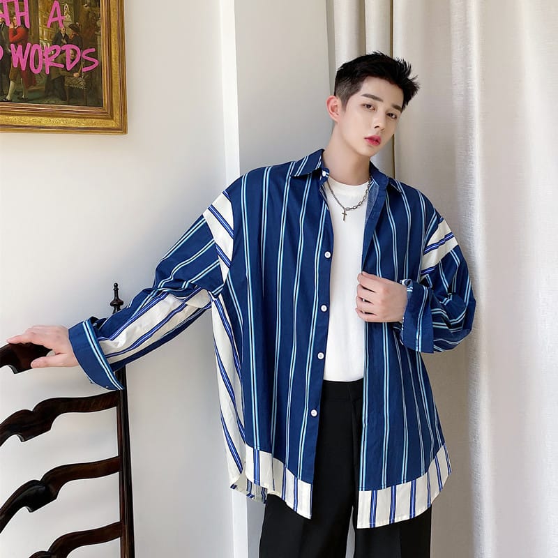 2024 Men Spring Autumn New Oversized Casual Blouses Men's Long Sleeve Loose Shirt Male Stripe Turn Down Collar Shirts F292
