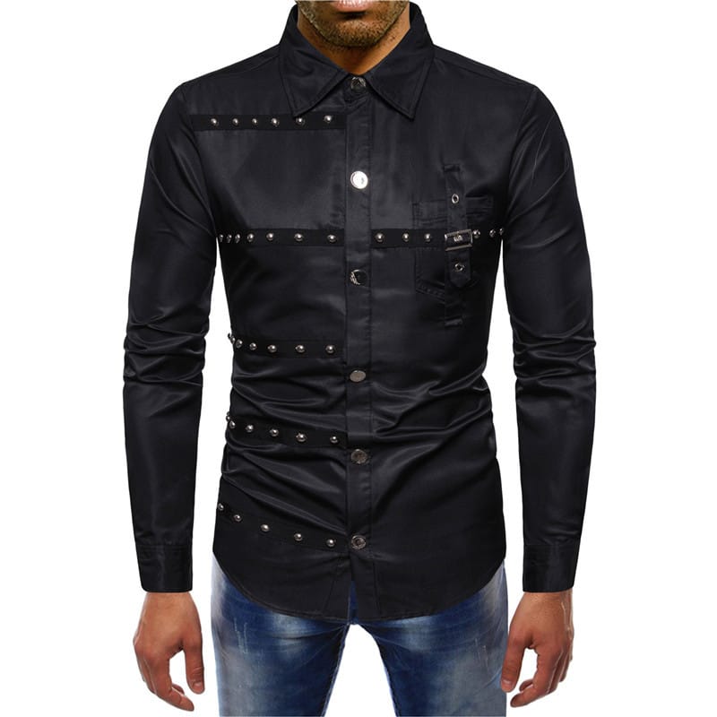 Ropa Gotica Hombre Men's Button Up Shirt Vintage Rivet Stripe Lapel Long Sleeve Slim Shirts Streetwear Man Gothic Evening Dress