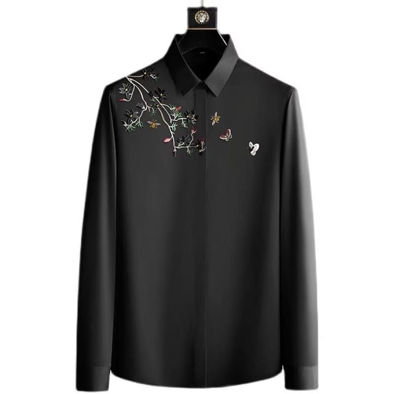 2024 Spring and Autumn New Men's Slim Personality Flower Embroidery Long Sleeve Shirt Trend Everything Shirt