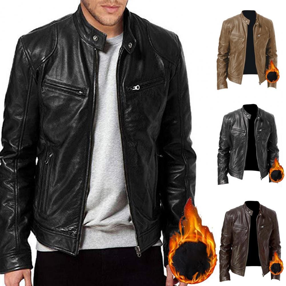 Men Jacket Vintage Faux Leather Warm Plush Winter Parkas Stand Collar Zipper Long Sleeve Slim Men's Coat Chaquetas Hombre 바람막이