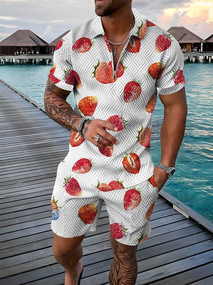 Summer Tropical Fruit 3D Print Men's Zipper 2024 Tracksuit Trend Polo Shirt Fashion Shorts 2pcs Sets Men's Streetwear Set