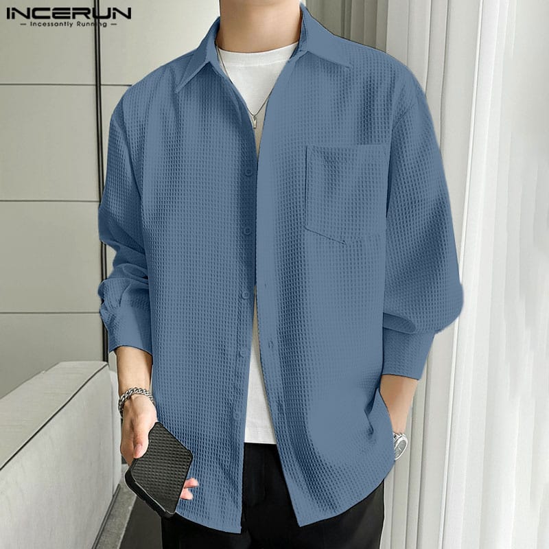 INCERUN Men's Shirt Solid Color Lapel Long Sleeve Streetwear Button Casual Men Clothing 2024 Korean Style Loose Fashion Shirts
