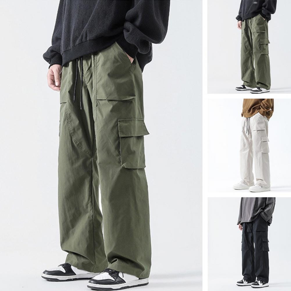 Cargo Pants with Elastic Waist Men's Elastic Drawstring Cargo Pants with Pockets Solid Color Straight Wide Leg for Streetwear