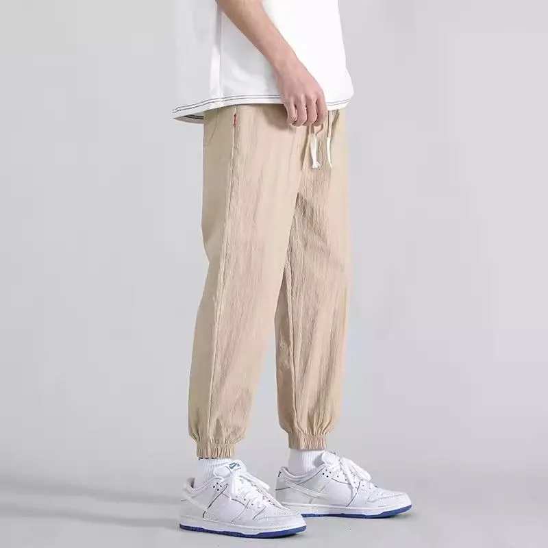 Thin Dress Pants Work Lace Up Men's Casual Cropped Trousers Male Loose Formal Baggy Summer Polyester Cotton Clothes Streetwear
