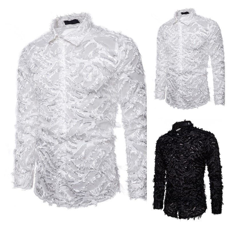 2024 Summer New Men's Shirt Handmade Three Dimensional Feather Fabric Featured Collar Long Sleeve Shirt