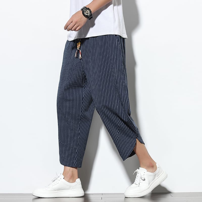 2024 Summer Casual Men's Pants Harajuku Striped Baggy Pants Cotton Linen Wide Leg Harem Trousers For Men