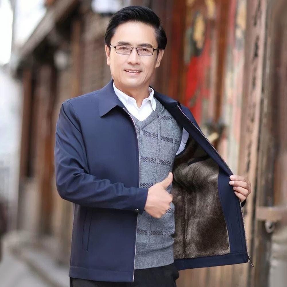 Men Zippered Velvet Jacket Men's Thick Plush Winter Jacket with Stand Collar Windproof Cold-resistant Coat Zip Up for Father