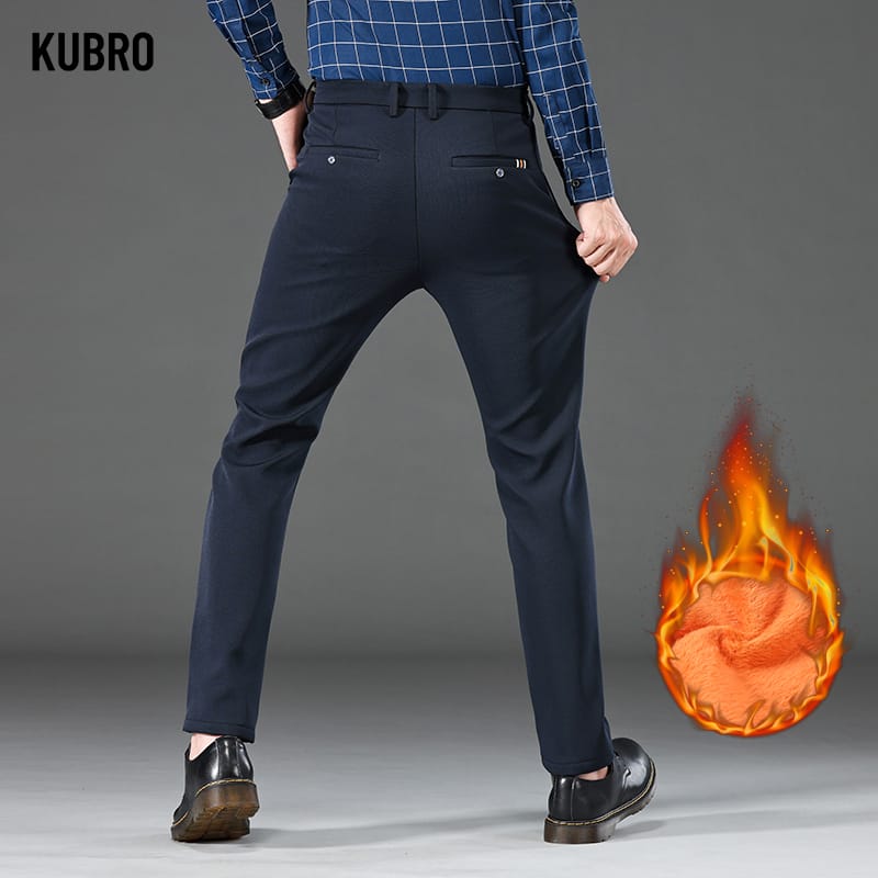 KUBRO Autumn Winter Fashion New Business Casual Pants Men's Cotton Thickened Velvet Warm Elastic Straight Office Work Trousers