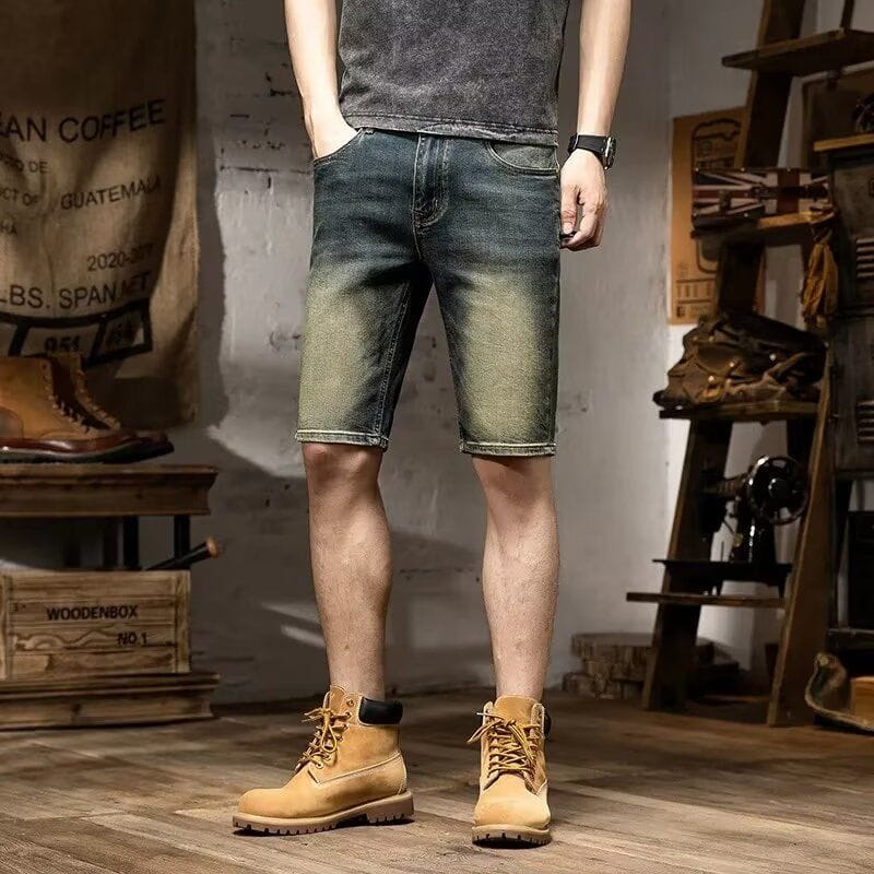 Summer New Trend Men's Clothing Luxury Casual Vintage Style Stretch Denim Shorts Men's Casual Knee-length Solid Short Pants