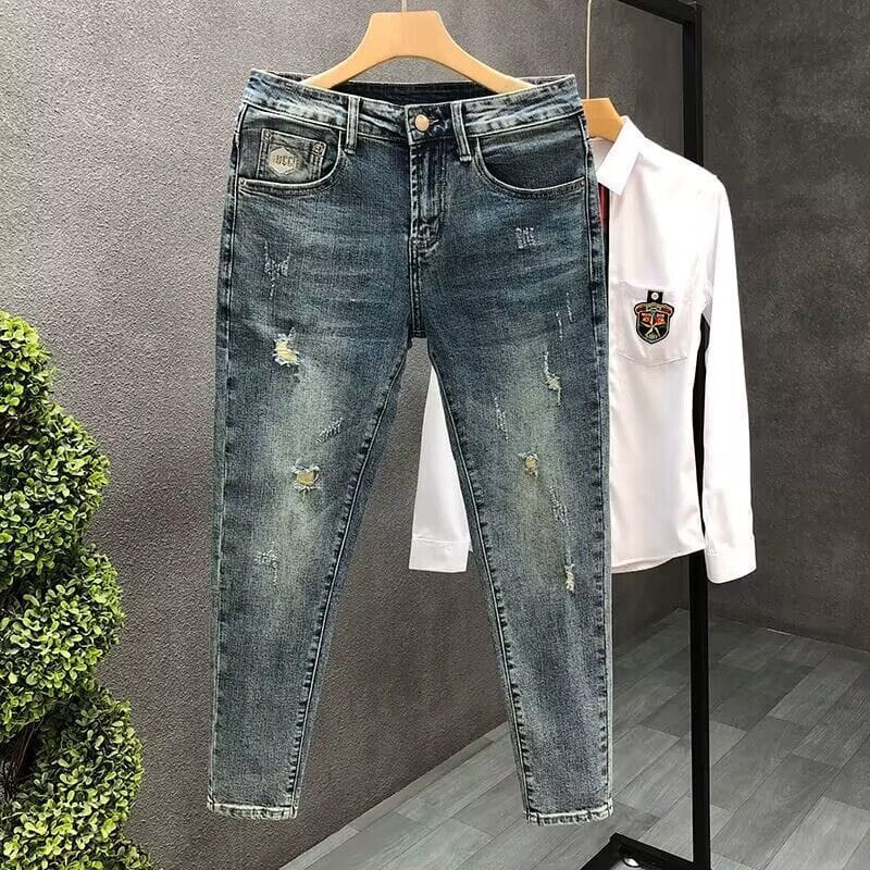 Korean Luxury Clothing Men's Slim Ripped Casual Denim Pants for Spring Autumn Vintage Skinny Jeans for Men Streetwear Soft Jeans