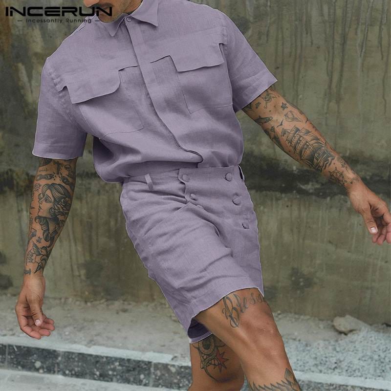 INCERUN 2024 American Style Fashion Sets Men's Short Sleeved Shirt Solid High Waisted Shorts Casual Clubwear Suit 2 Pieces S-5XL