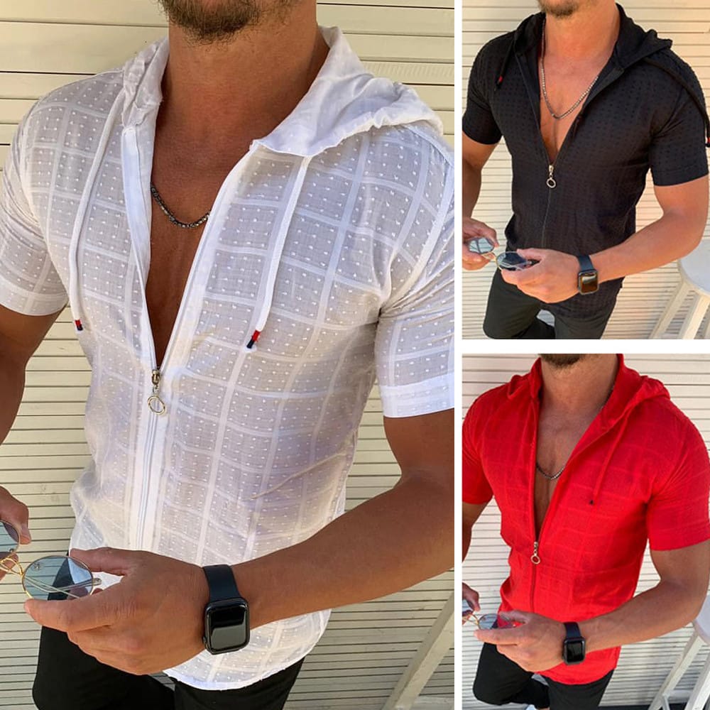 2024 new solid color men's long sleeve + short sleeve hooded shirt casual street wear thin zipper design shirt S-3XL