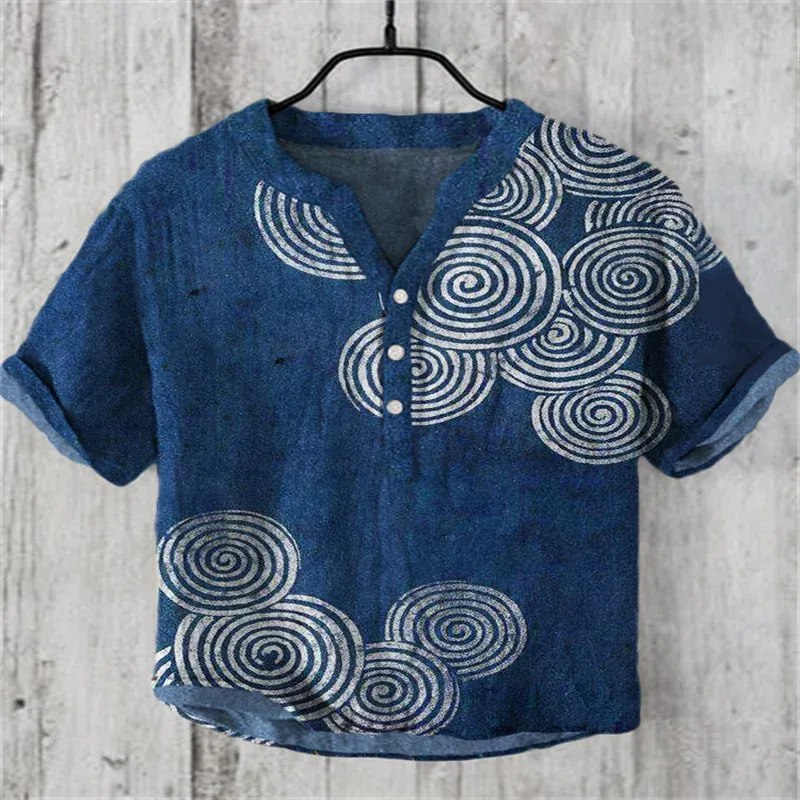 2024 New Men's Casual 3D Printed Cardigan Stand Collar Short Sleeve Linen Shirt Chinese Style Summer Tops S-5XL