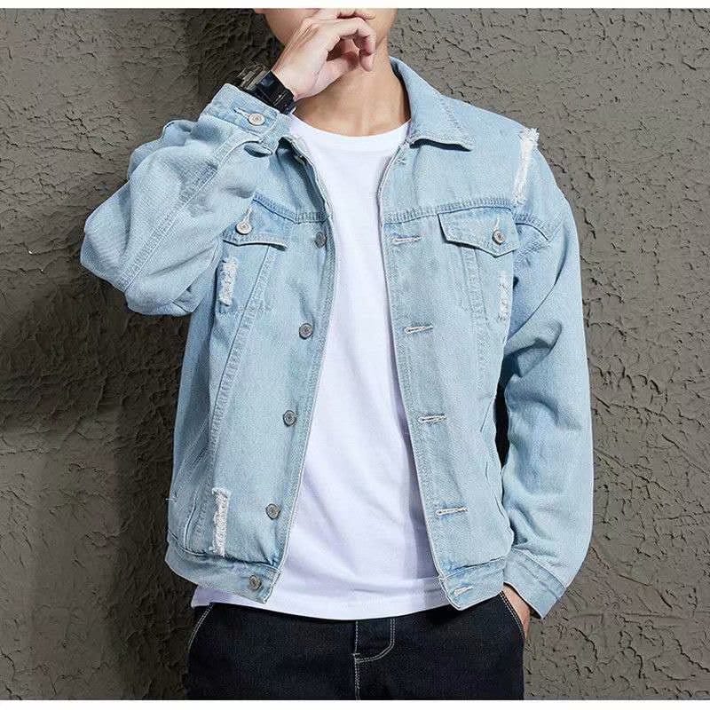 Men's Ripped Denim Jacket Tight Retro Distressed Water Wash Classic Pocket Design Coat