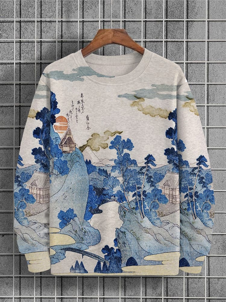 Men's round neck fashion sweatshirt landscape print round neck spring and autumn long sleeve casual top