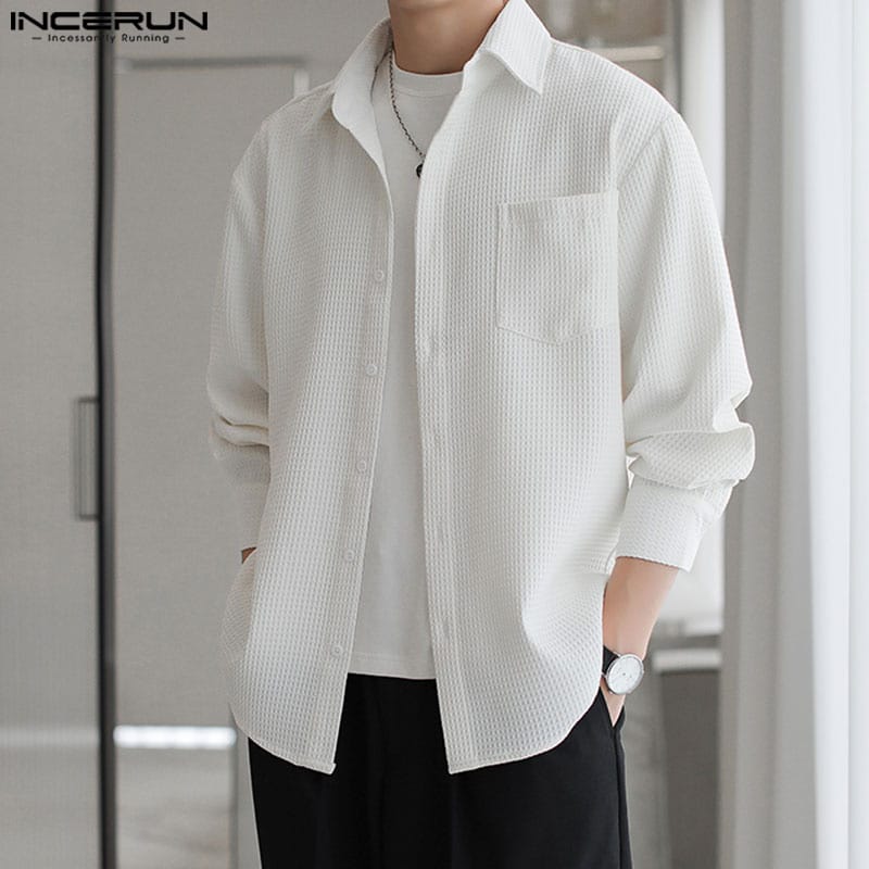 INCERUN Men's Shirt Solid Color Lapel Long Sleeve Streetwear Button Casual Men Clothing 2024 Korean Style Loose Fashion Shirts