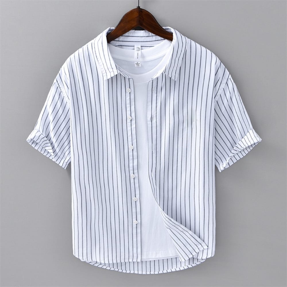 Summer men's casual solid color striped shirt, loose and versatile, handsome men's shirt, youth short sleeved shirt, oversized