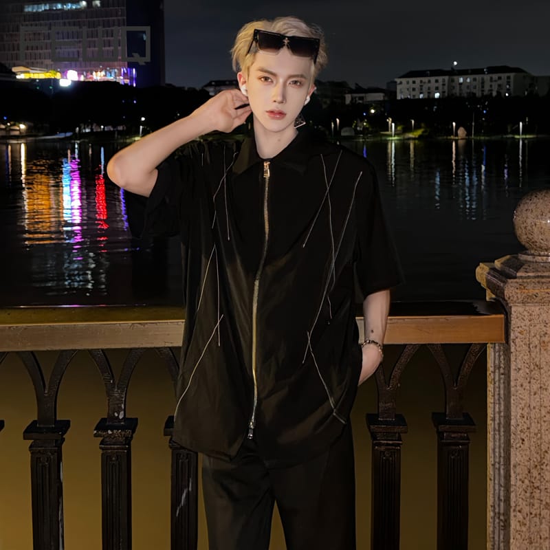 FEWQ Darkwear Niche Short Sleeved Shirt Men's Summer New Zipper 2024 Turn-down Collar Solid Color Male Tops Fashion 24E1645